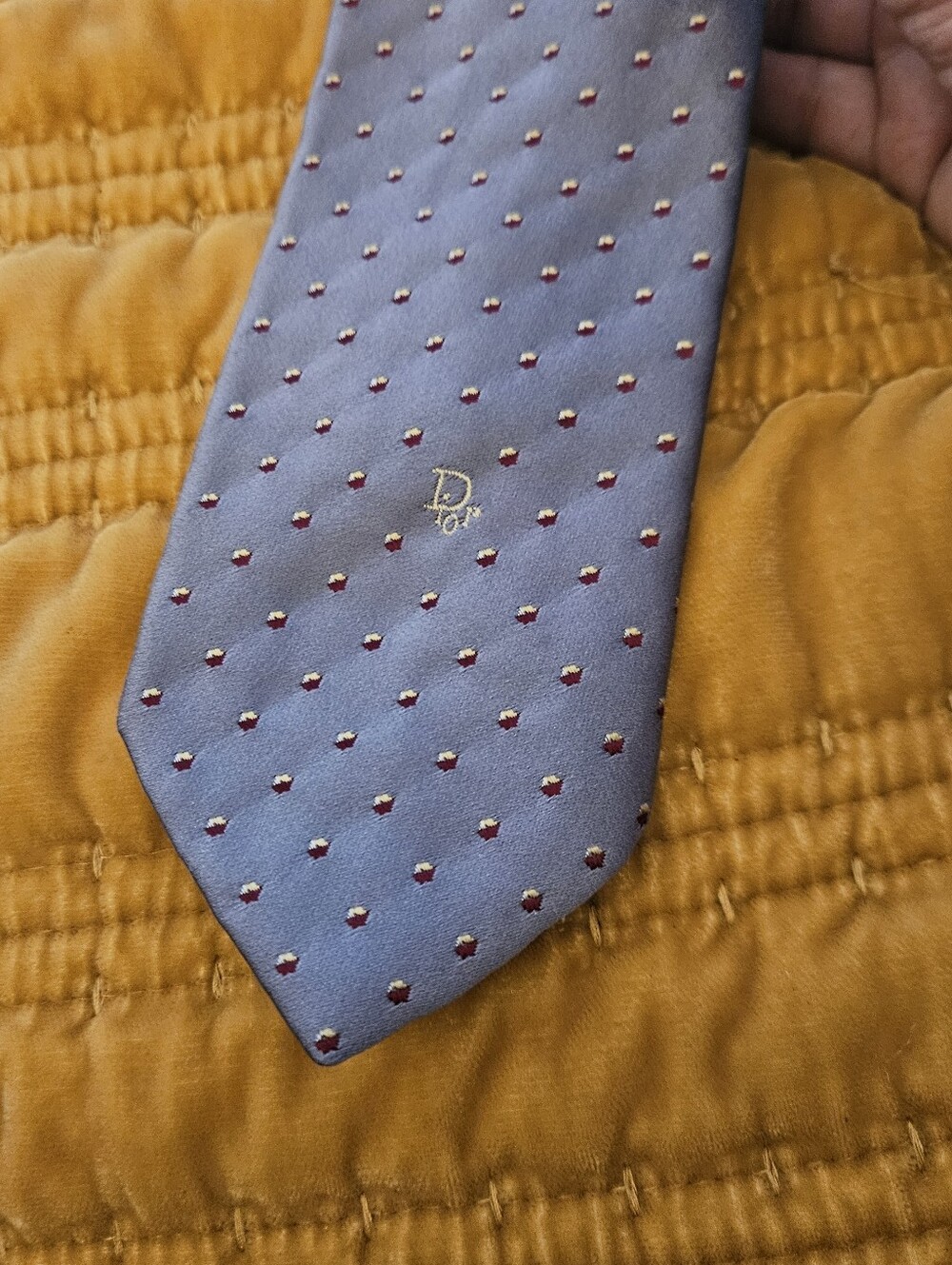 Dior Light Blue Silk Tie with Burgundy and Cream Burgandy Pattern